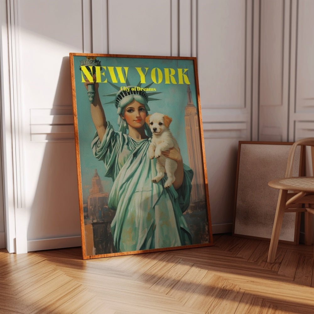 A Vintage travel poster of New York, City of Dreams, featuring Lady Liberty holding a puppy.