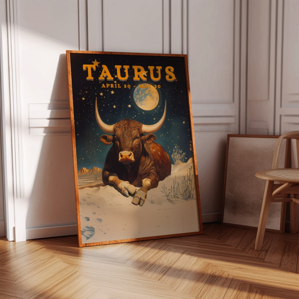 "Taurus", a vintage astrology poster, featuring a bull sitting peacefully under the stary night skies