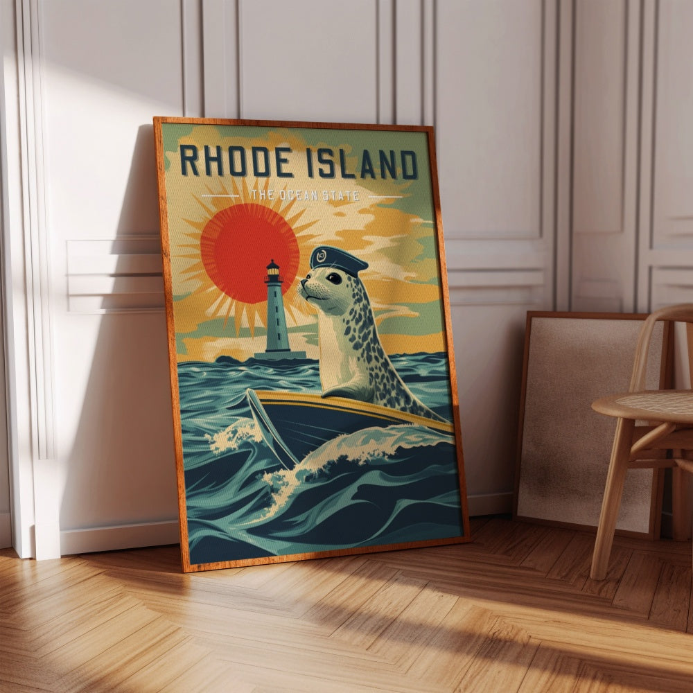 "Rhode Island", a vintage travel poster, featuring a harbor seal sailing on a mini yacht