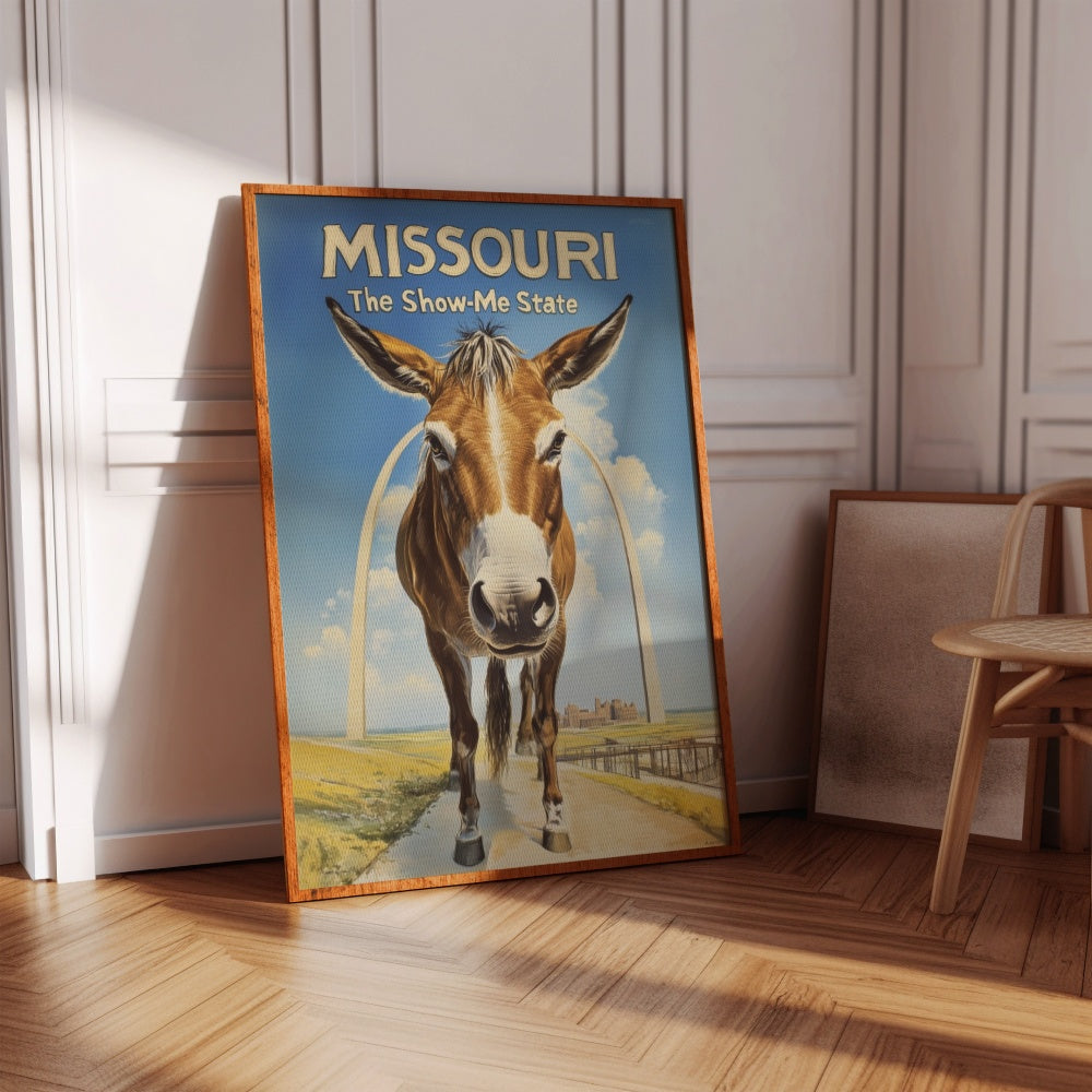 "Missouri", a vintage travel poster, featuring a Missouri Mule standing in front of the The Gateway Arch