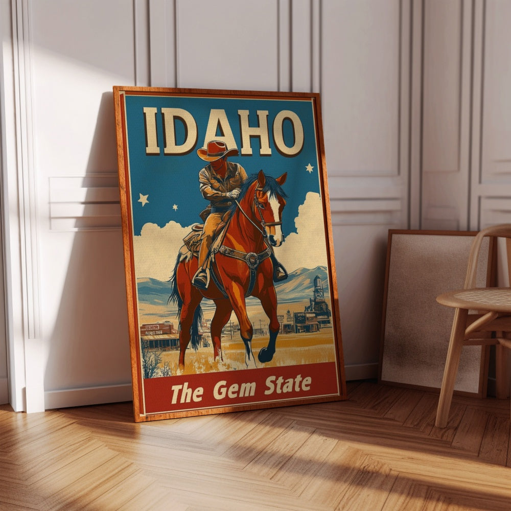"Idaho", a vintage travel poster, featuring a cowboy on a horse in the old west of Idaho.