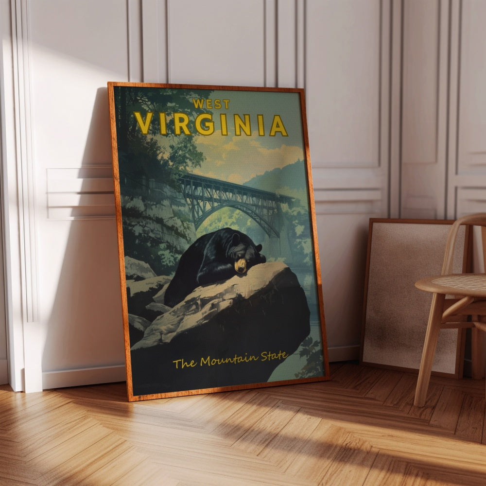 "West Virginia", a vintage travel poster, featuring a black bear taking a nap underneath the new river gorge national park bridge