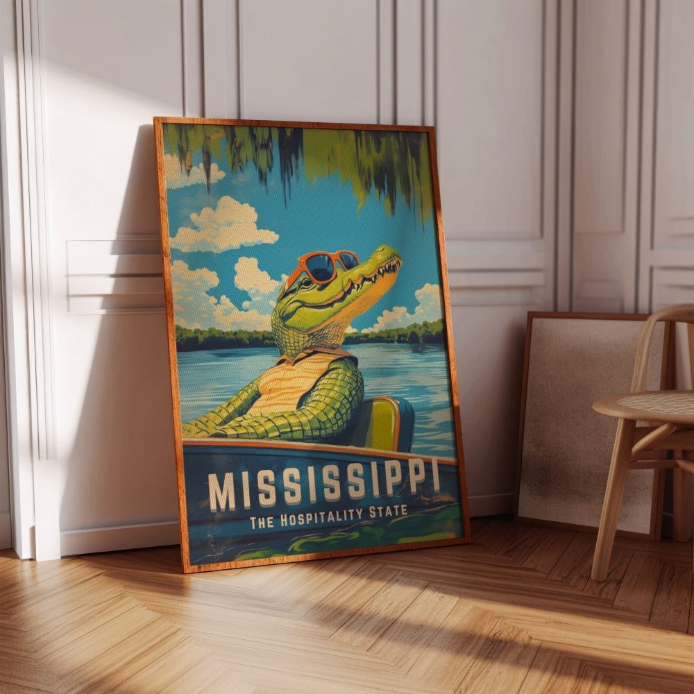 "Mississippi", a vintage travel poster, featuring an alligator riding in the swamps of Mississippi on an airboat and wearing sunglasses