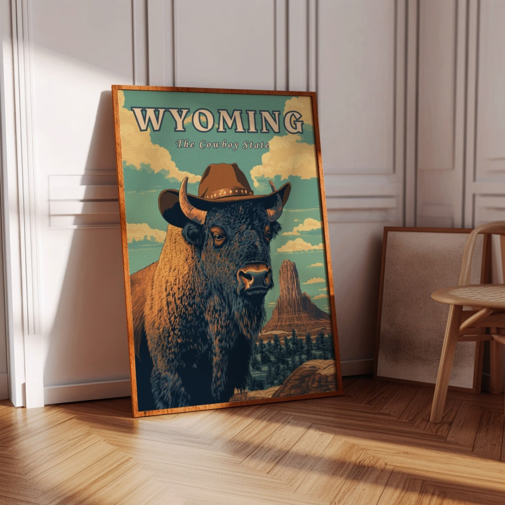 "Wyoming", a vintage travel poster, featuring a bison standing in front of the Devils Tower