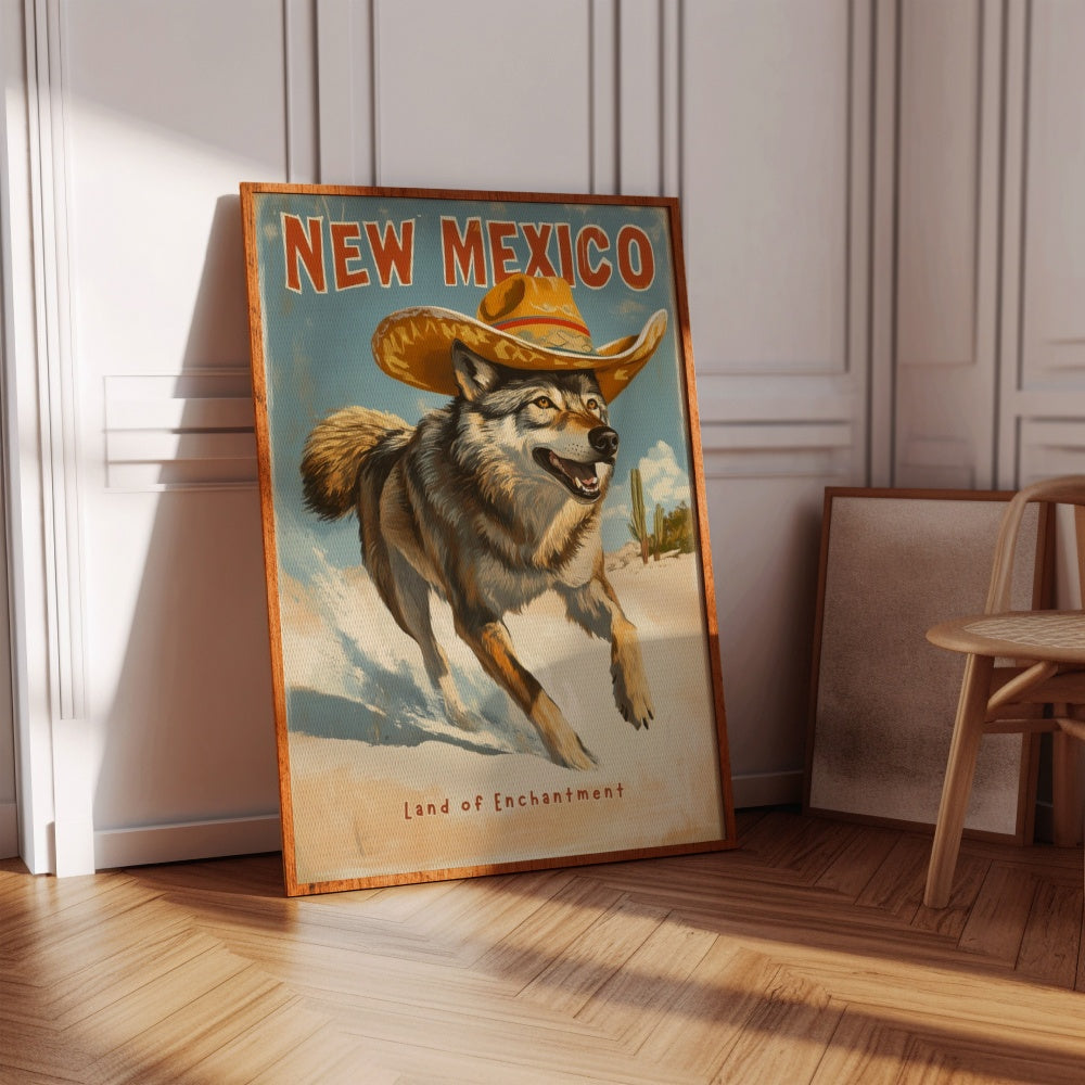 "New Mexico", a vintage travel poster, featuring a wolf wearing a sombrero running through the white sands of New Mexico
