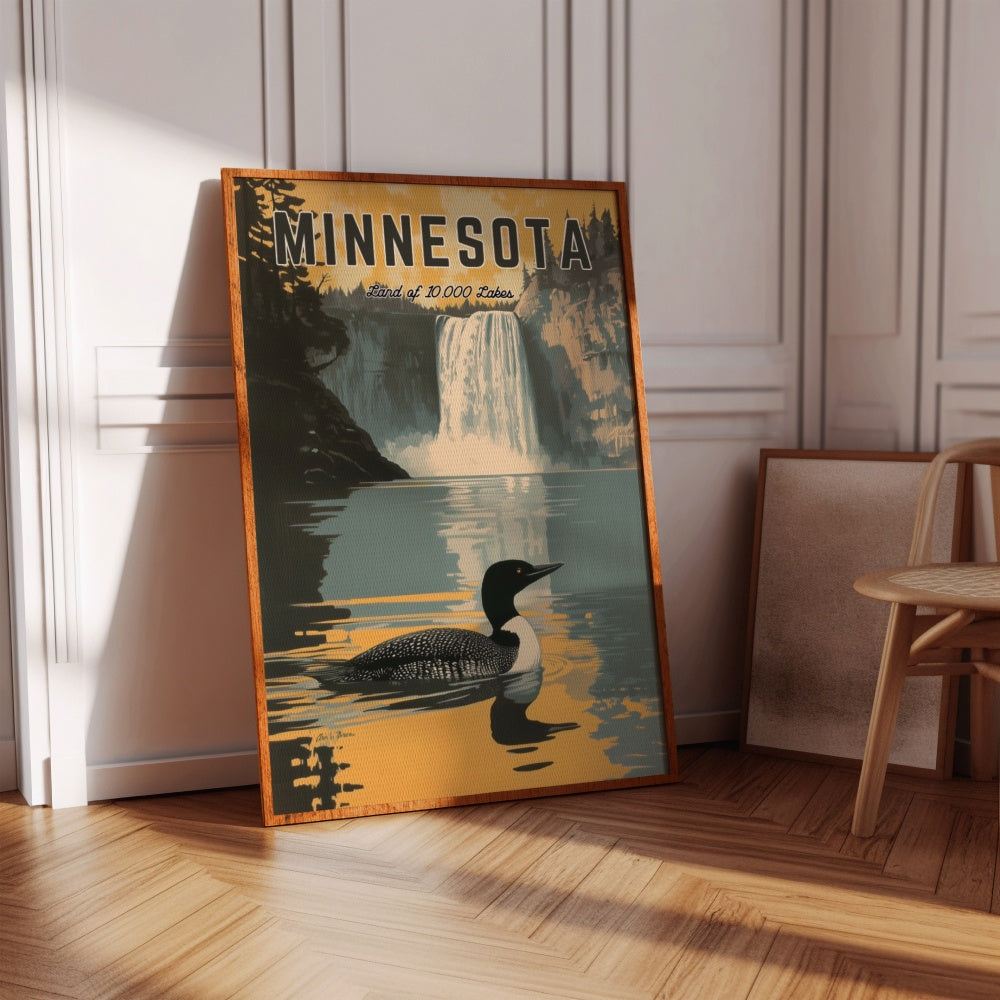 "Minnesota", a vintage travel poster, featuring a common loon swimming in a calm lake in the Gooseberry Falls State Park