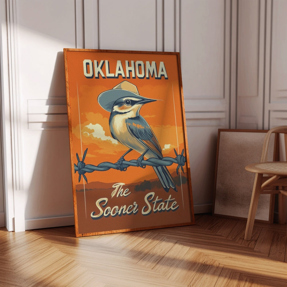 "Oklahoma", a vintage travel poster, featuring a Scissor-tailed flycatcher perched on a barbwire wearing a cowboy hat