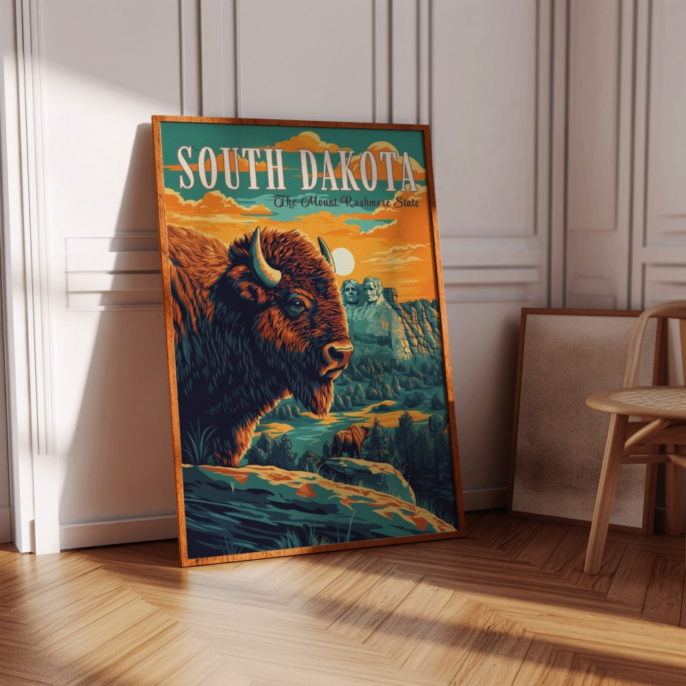 "South Dakota", a vintage travel poster, featuring a bison in front of Mount Rushmore