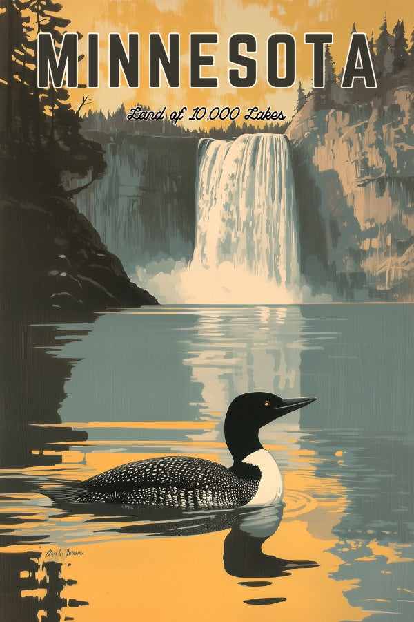 "Minnesota", a vintage travel poster, featuring a common loon swimming in a calm lake in the Gooseberry Falls State Park