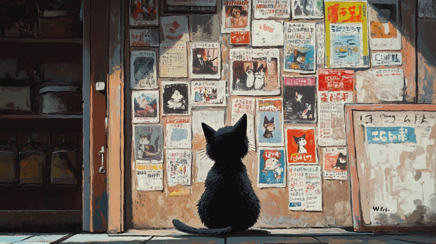 painting of a black cat looking at a wall of posters