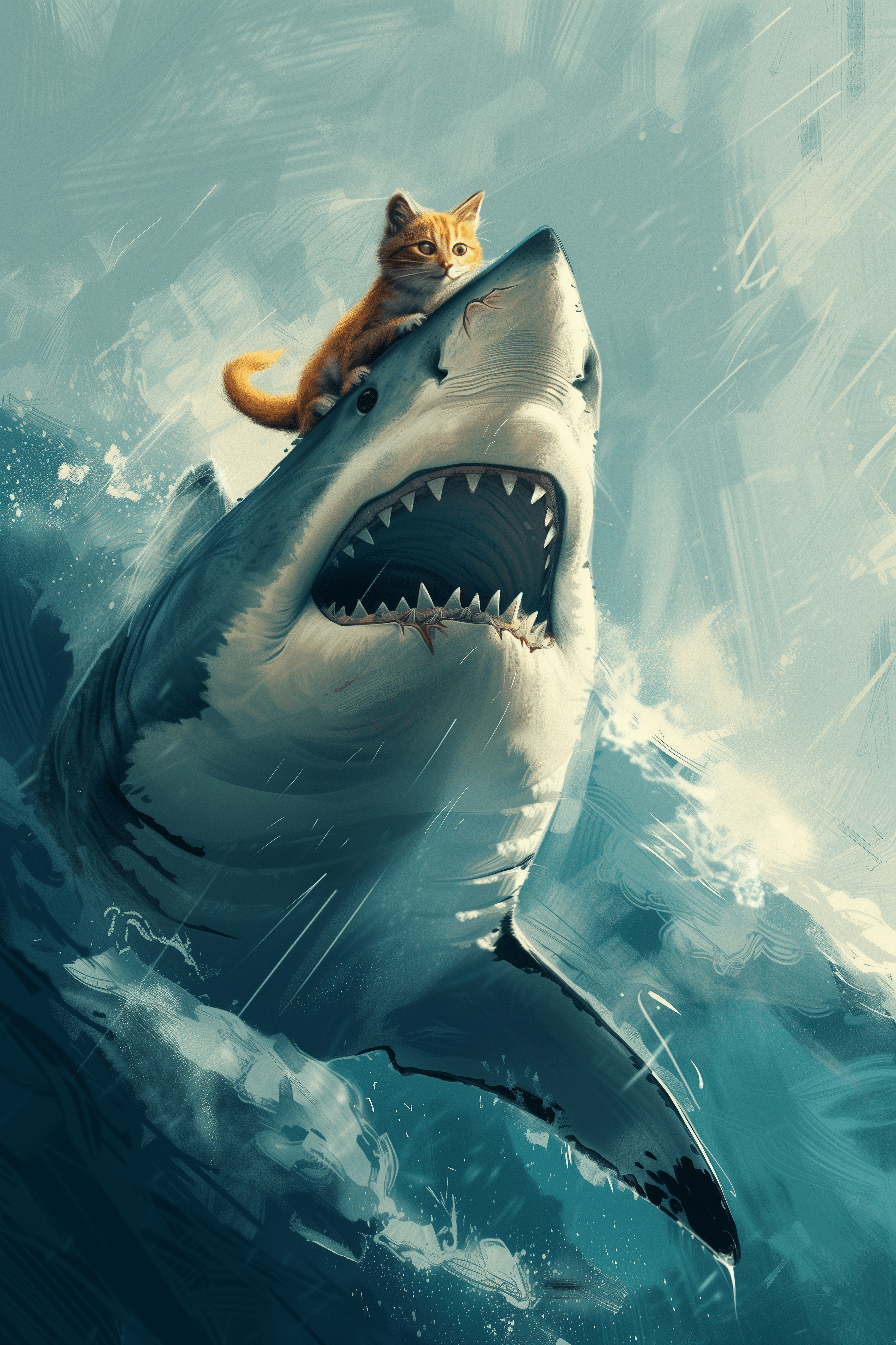 Paw Prints poster of a cute orange cat riding on top of an angry great white shark. 