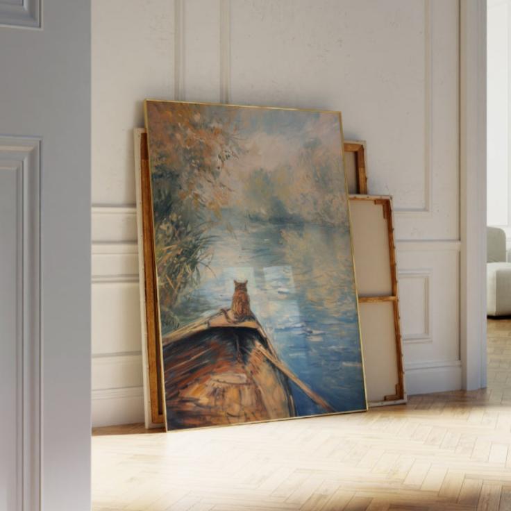 Framed art print of an impressionist painting of a cat sitting peacefully on a rowboat on a calm lake.  