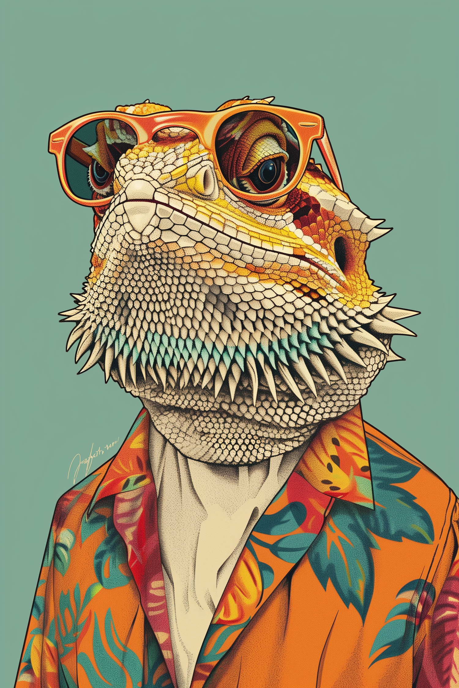Bearded Dragon wearing a Hawaiian shirt and shades