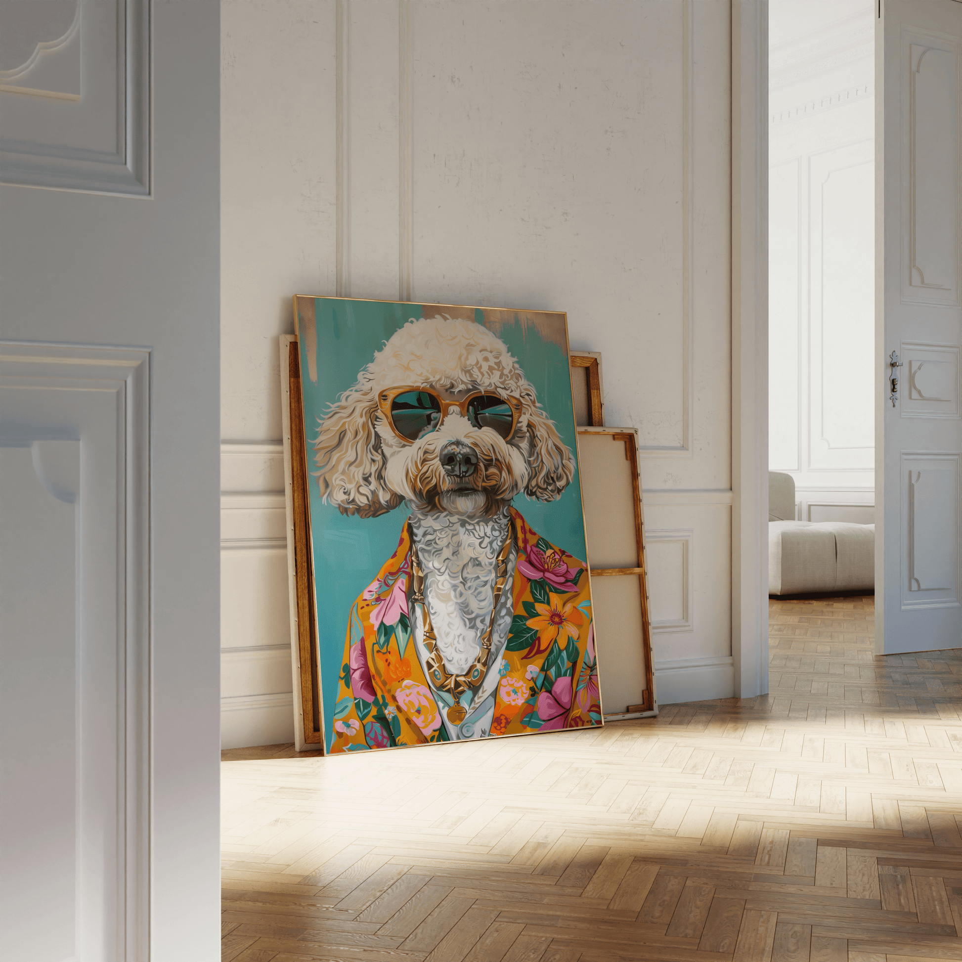 Paw Prints retro Poodle Dog with sunglasses and a Hawaiian shirt framed poster, leaning against a white bathroom wall. 