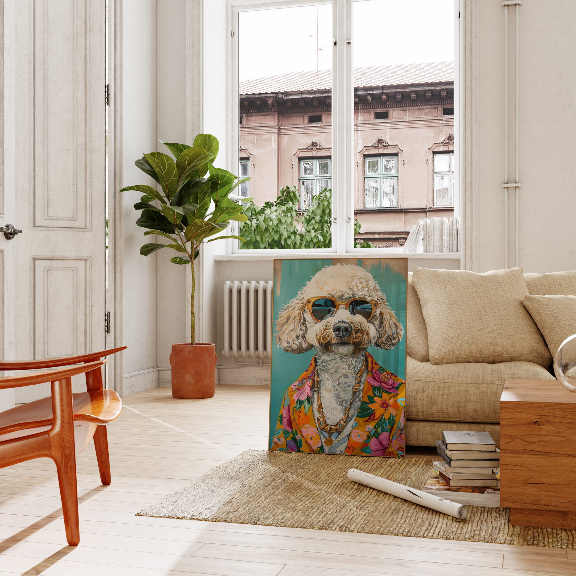 Paw Prints retro Poodle Dog with sunglasses and a Hawaiian shirt framed poster, leaning on a couch in the living room.