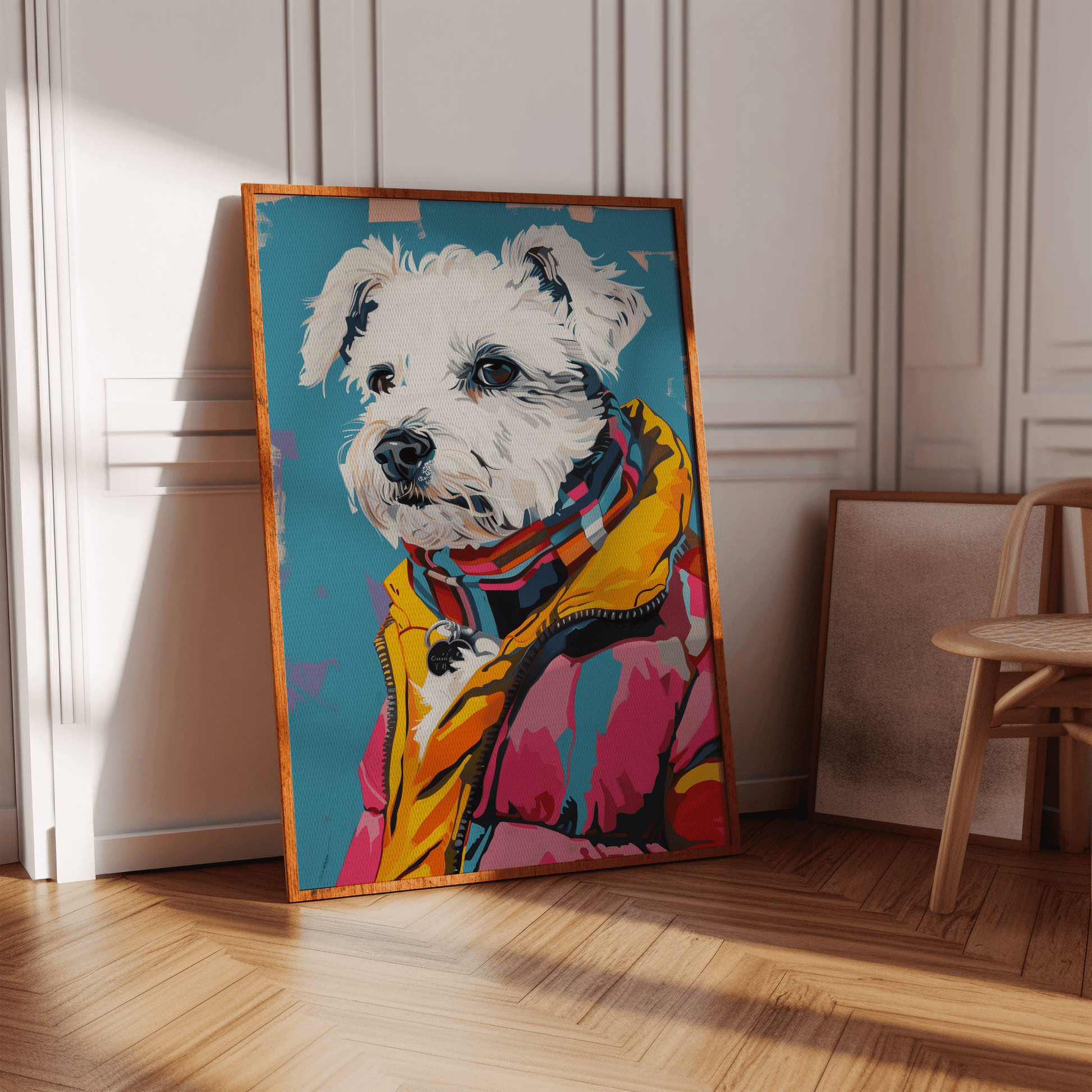 A Maltese Dog wearing vintage New York attire framed poster, in a white Victorian hallway in view of natural sunlight.