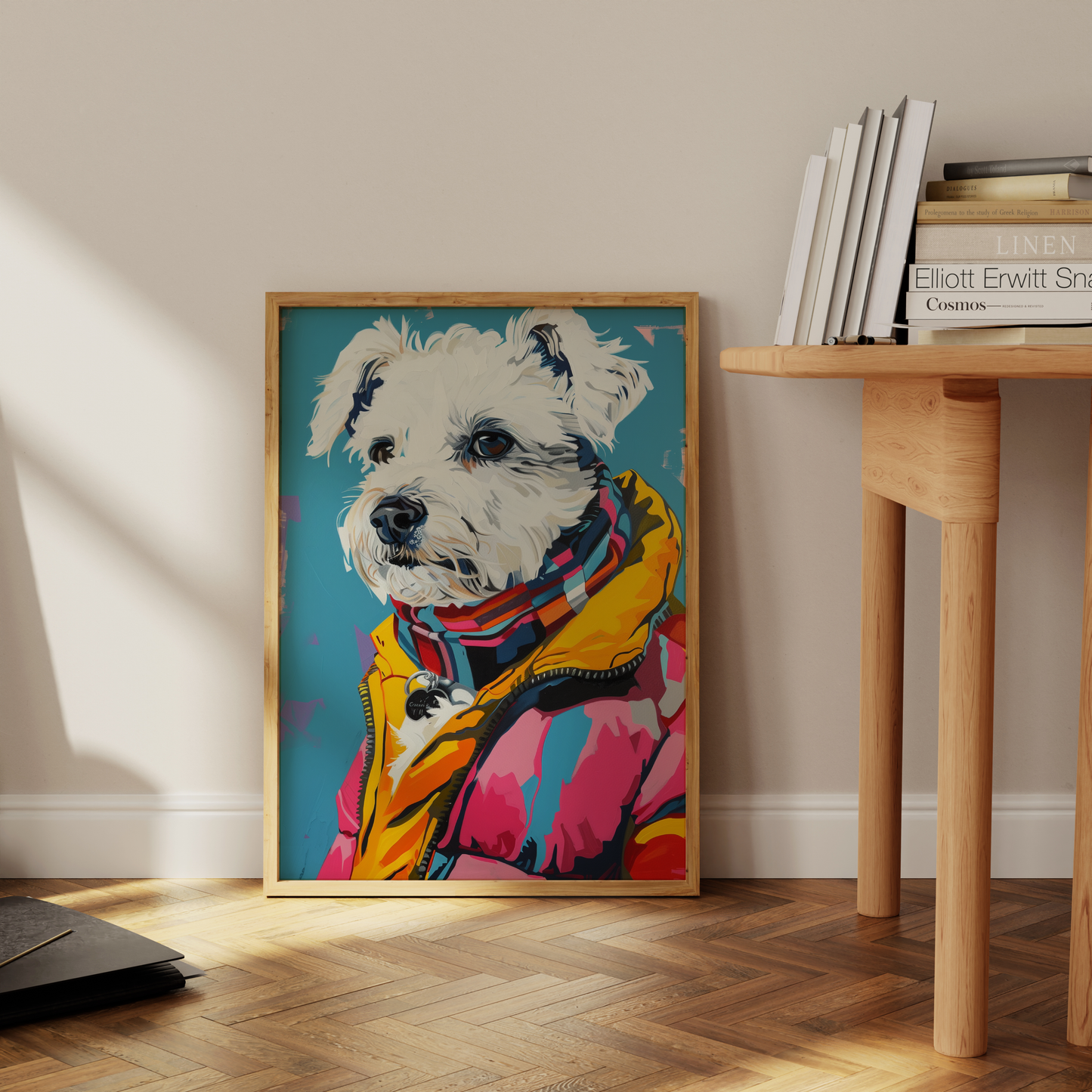 Paw Prints retro Maltese Dog wearing vintage New York puffer jacket framed poster, leaning against the office floor. 