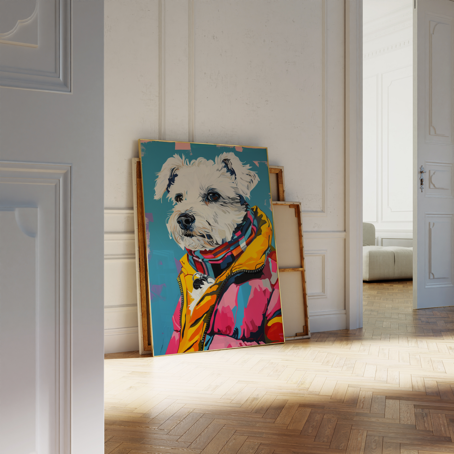Paw Prints retro Maltese Dog wearing vintage New York puffer jacket framed poster, leaning against a white bathroom wall. 