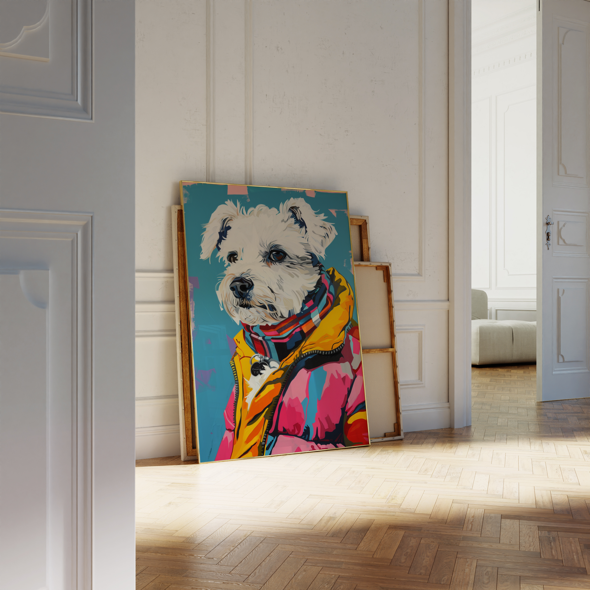 Paw Prints retro Maltese Dog wearing vintage New York puffer jacket framed poster, leaning against a white bathroom wall. 