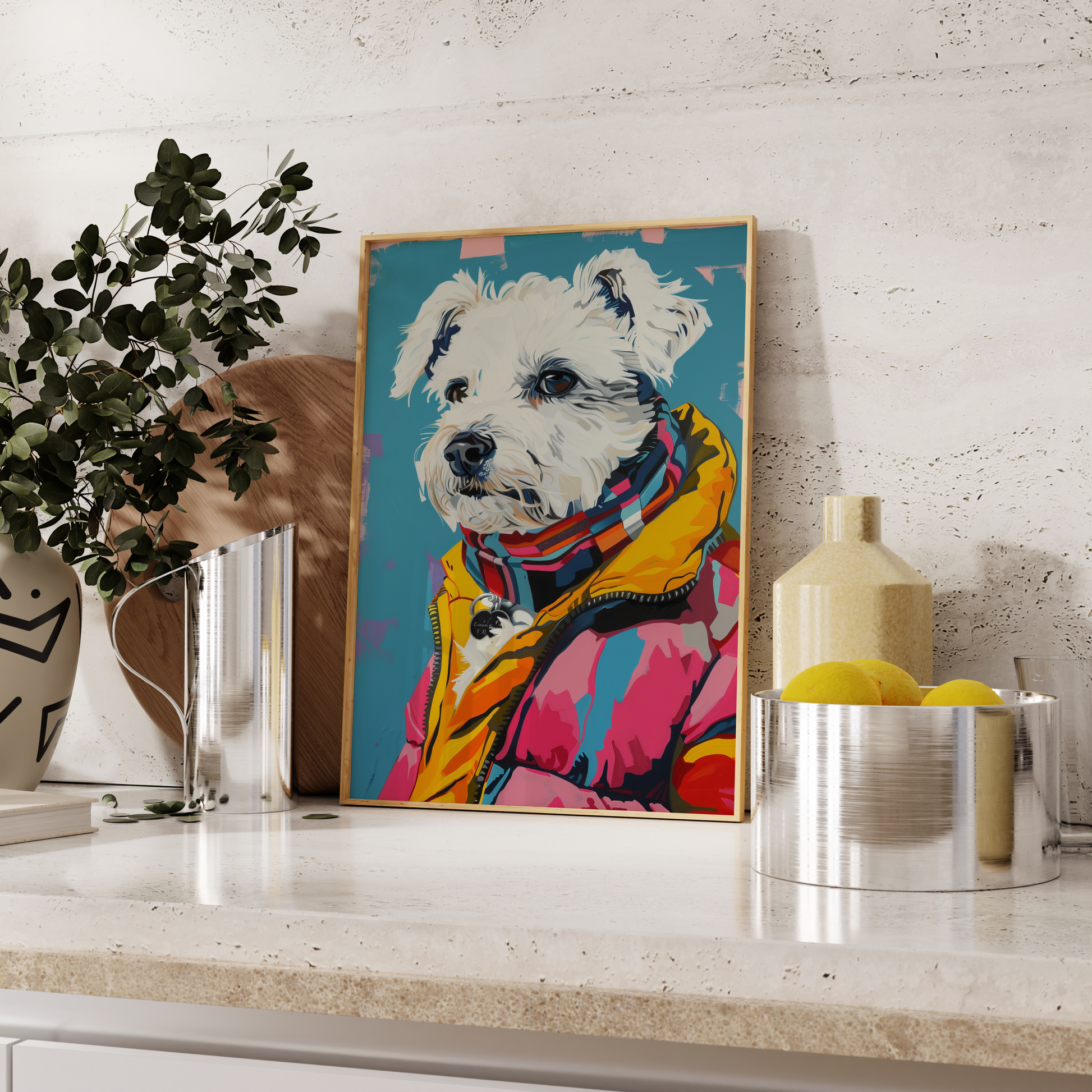 Paw Prints retro Maltese Dog wearing vintage New York puffer jacket framed poster, leaning against the kitchen counter. 