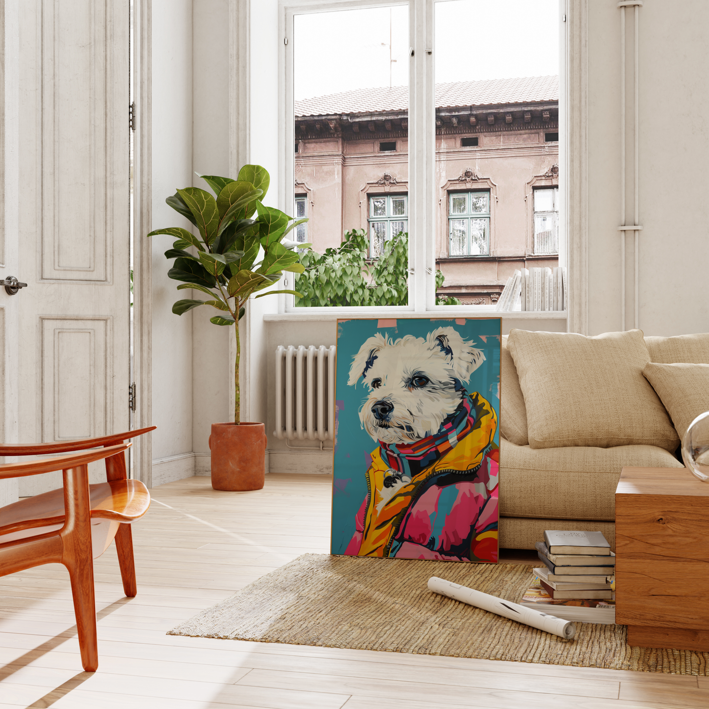 Paw Prints retro Maltese Dog wearing vintage New York attire framed poster, leaning on a couch in the living room.