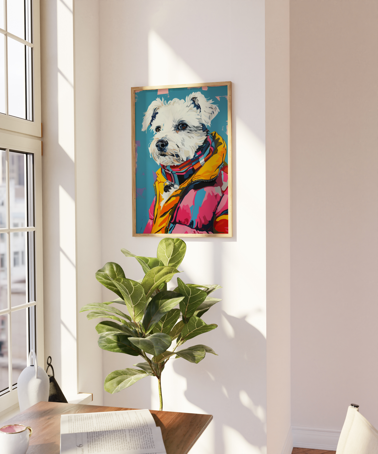 Paw Prints retro Maltese Dog wearing vintage New York puffer jacket framed poster, on a blank wall. 