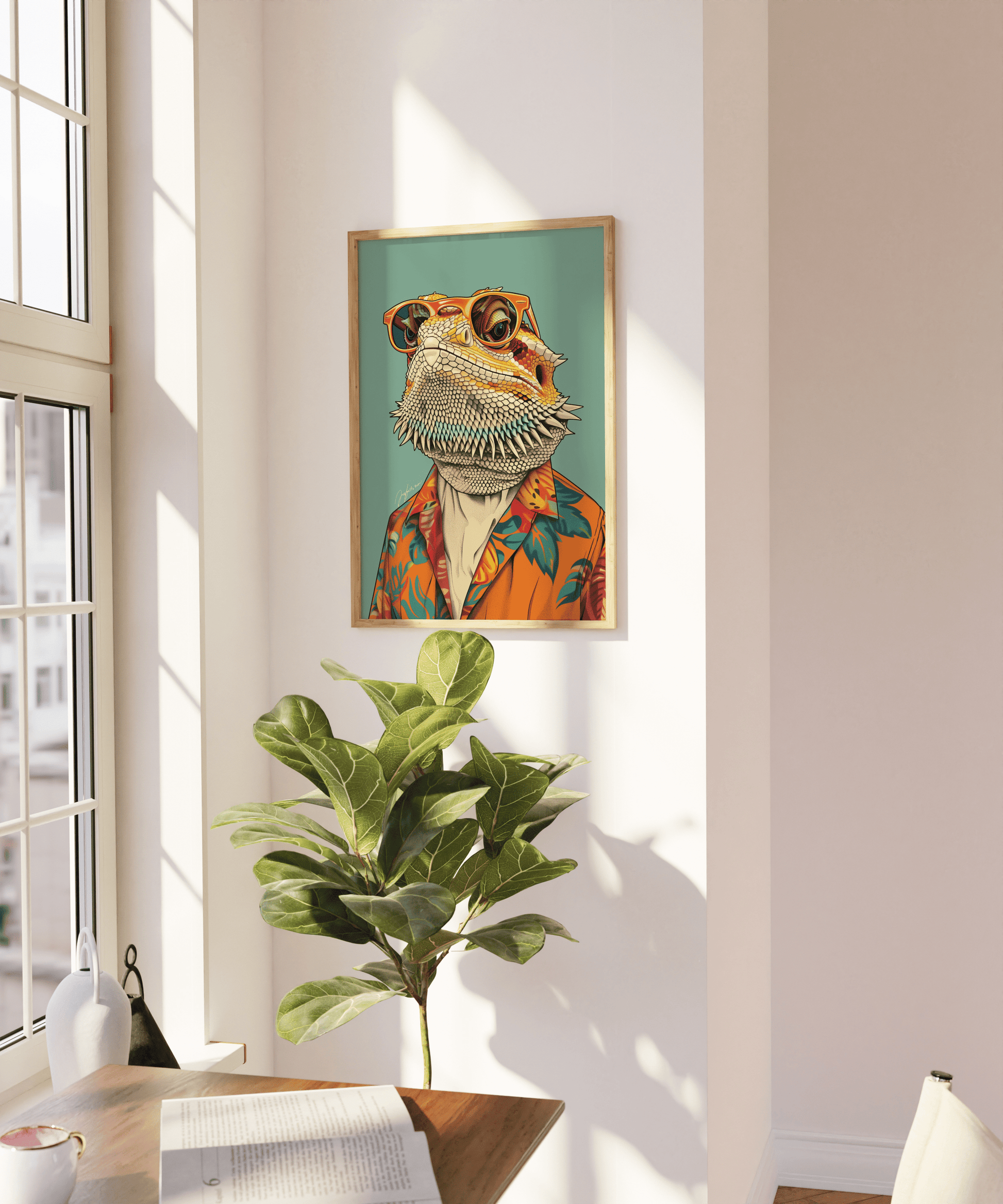 Paw Prints retro Bearded Dragon with sunglasses and a Hawaiian shirt framed poster, on a blank wall. 
