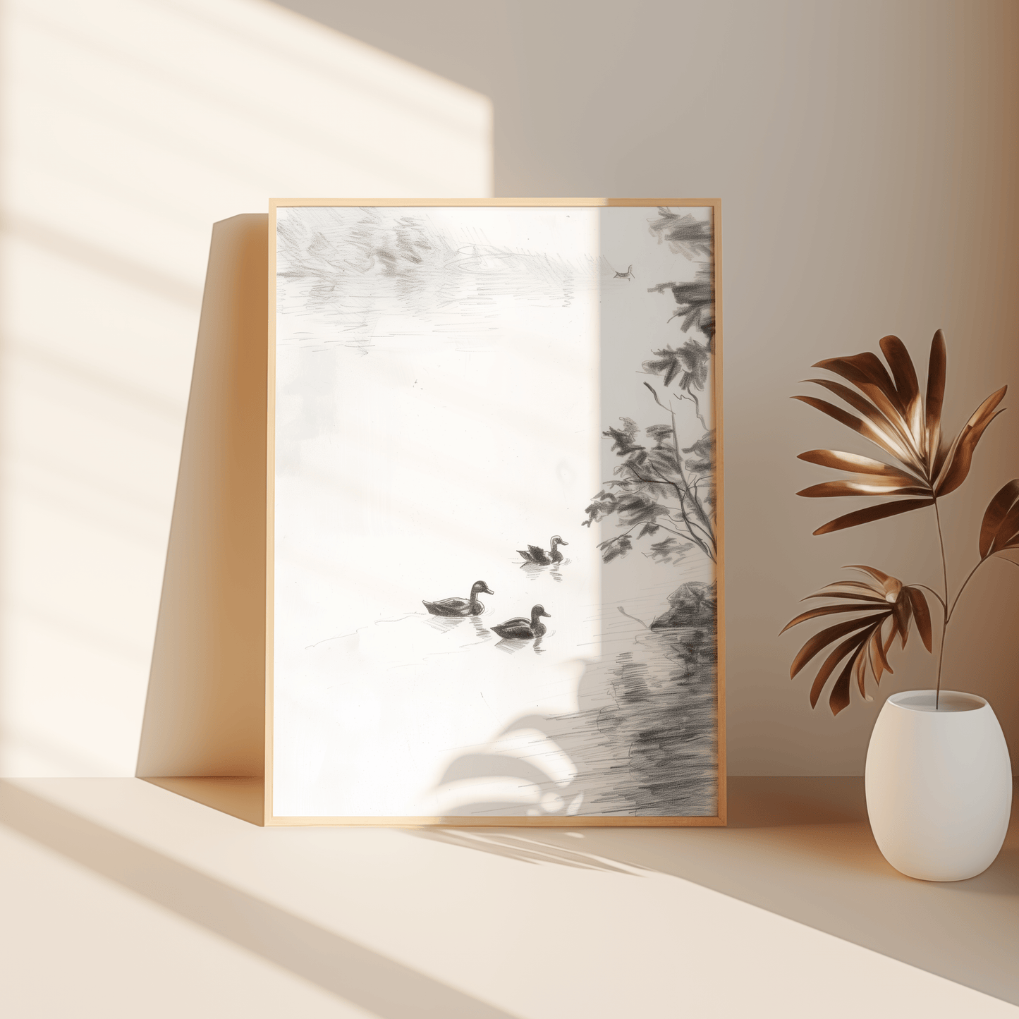 Black and white pencil sketch of 3 ducks swimming in a lake, leaning against the bedroom floor - Paw Prints