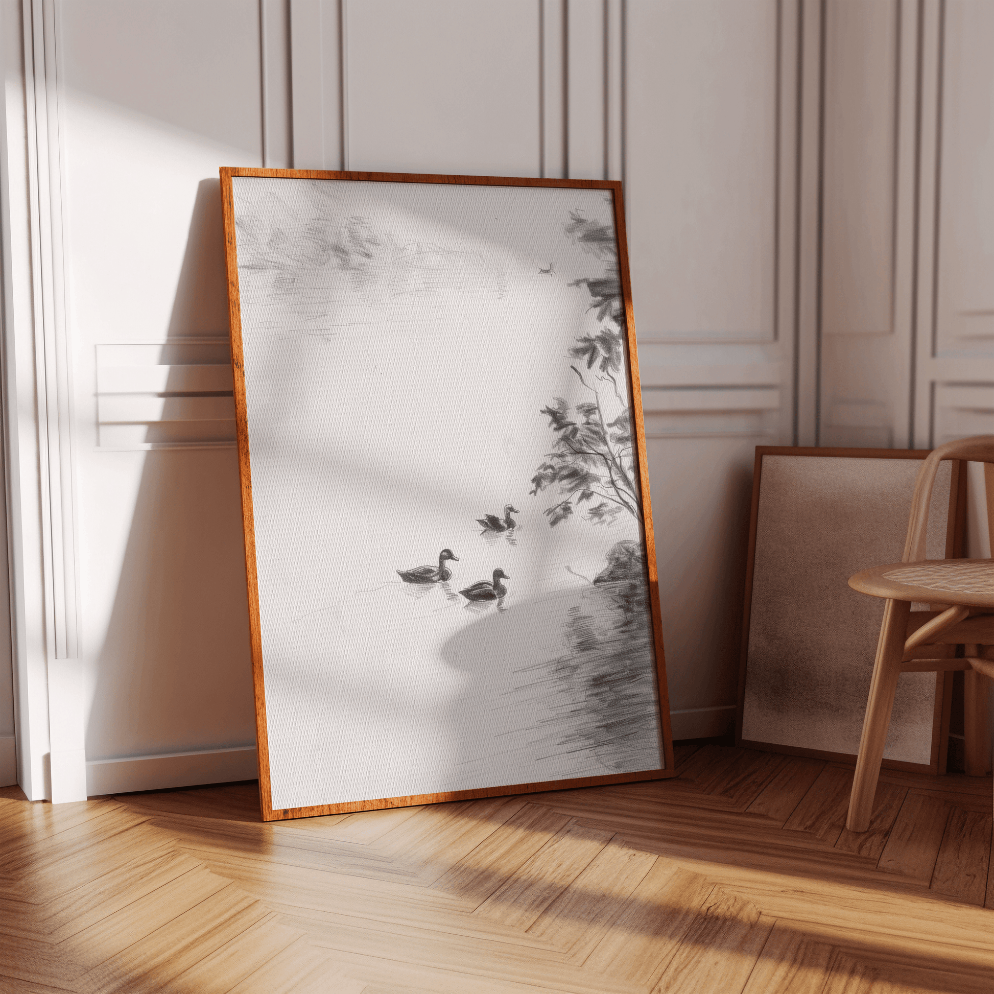 Black and white pencil sketch of 3 ducks swimming in a lake, on a blank wall - Paw Prints
