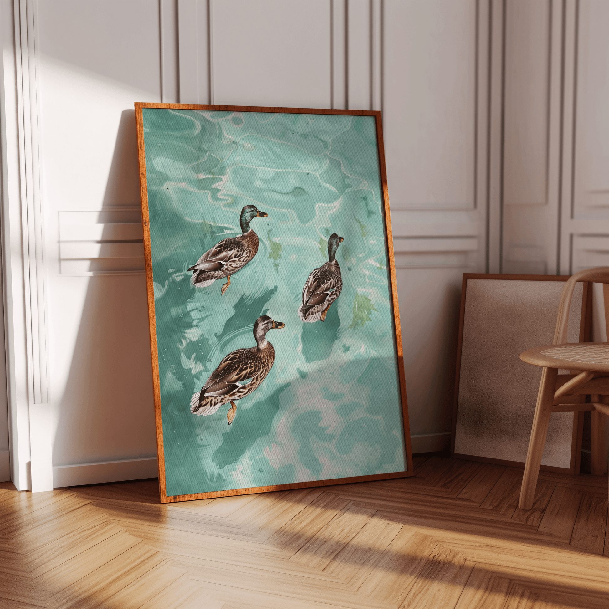 Painting of three Cayuga ducks swimming in crystal clear water, in a white Victorian hallway in view of natural sunlight.