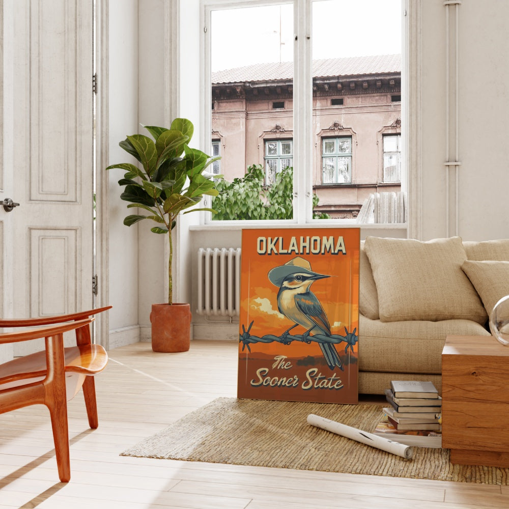 "Oklahoma", a vintage travel poster, featuring a Scissor-tailed flycatcher perched on a barbwire wearing a cowboy hat