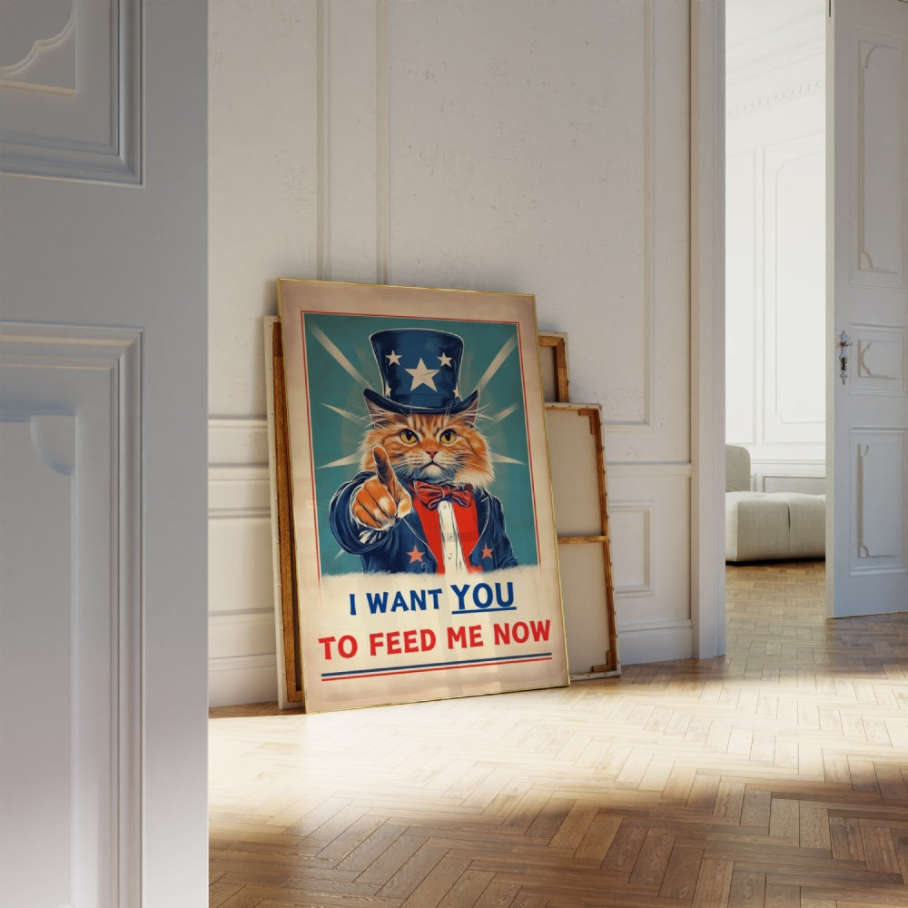 A vintage retro propaganda poster of an orange cat pointing a finger at you, stating "I Want You To Feed Me Now"
