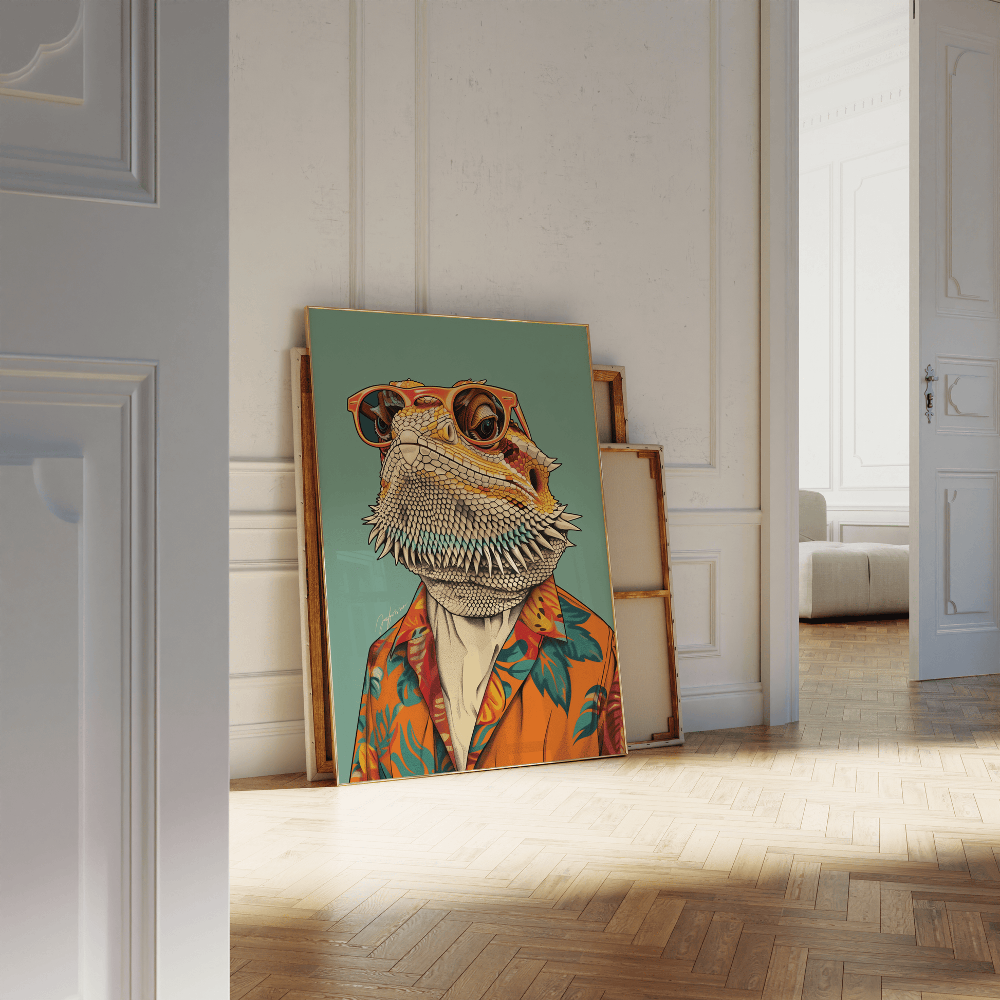 Paw Prints retro Bearded Dragon with sunglasses and a Hawaiian shirt framed poster, leaning against a white bathroom wall. 