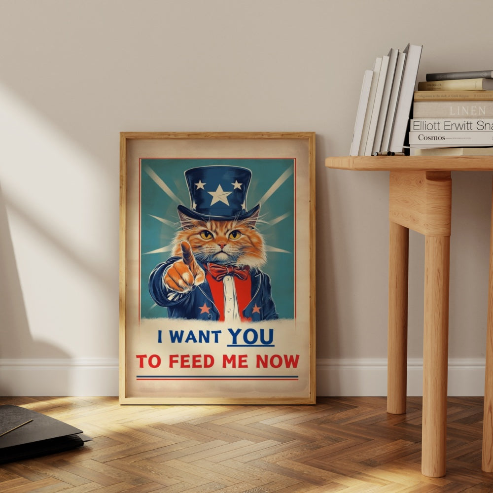 A vintage retro propaganda poster of an orange cat pointing a finger at you, stating "I Want You To Feed Me Now"