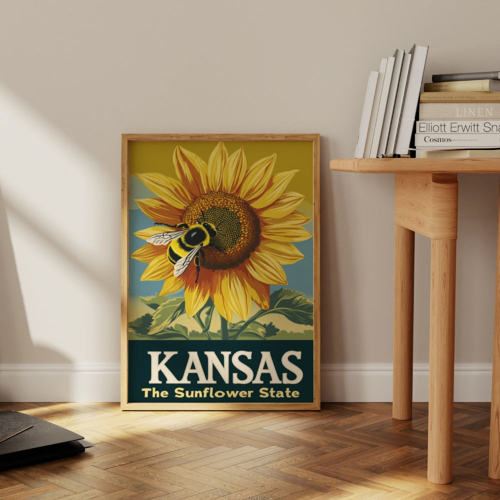 "Kansas", a vintage travel poster, featuring a honeybee ontop of a sunflower in the state of Kansas