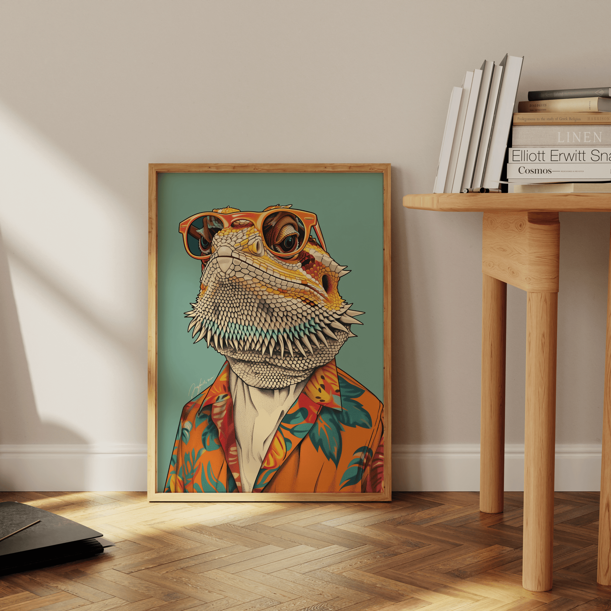 Paw Prints retro Bearded Dragon with sunglasses and a Hawaiian shirt framed poster, leaning against the office floor. 