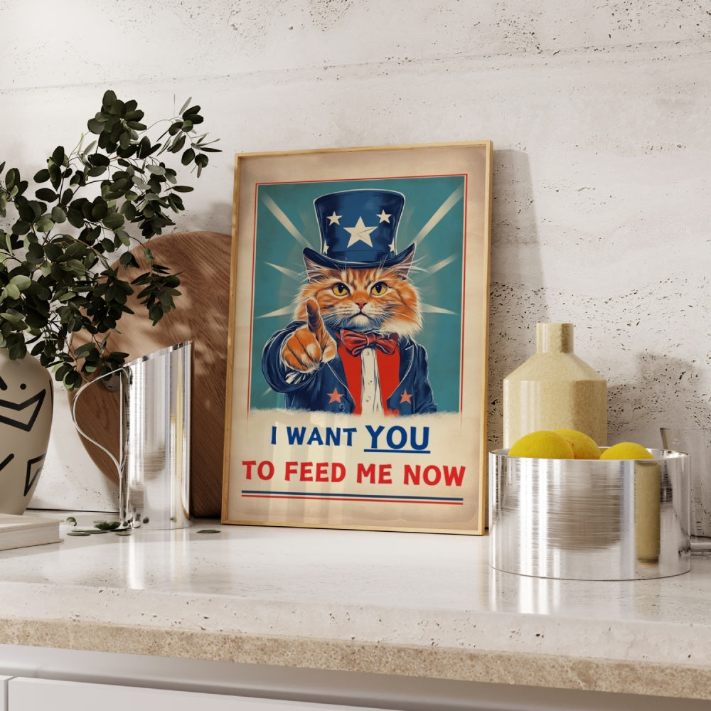 A vintage retro propaganda poster of an orange cat pointing a finger at you, stating "I Want You To Feed Me Now"