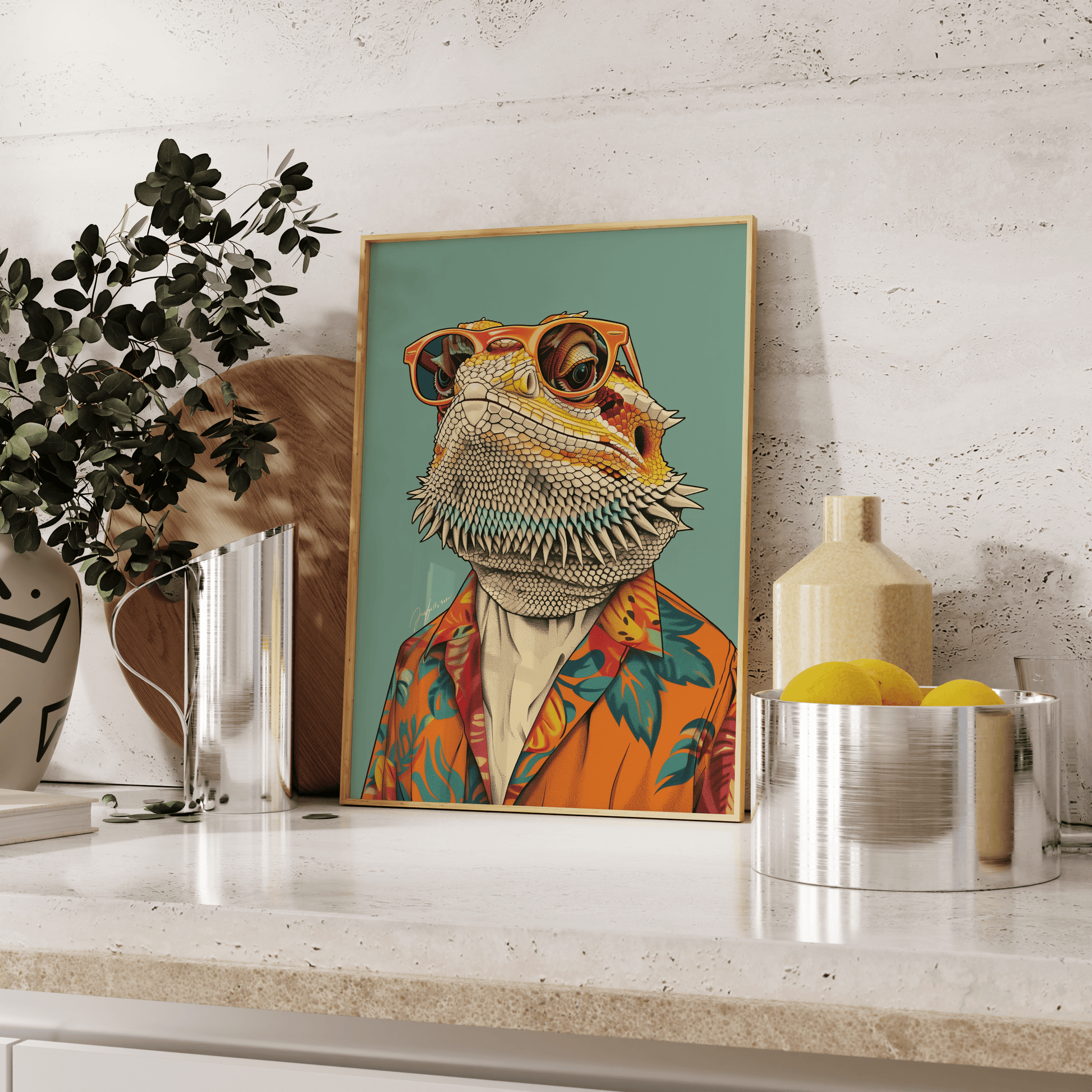 Paw Prints retro Bearded Dragon with sunglasses and a Hawaiian shirt framed poster, leaning against the kitchen counter. 