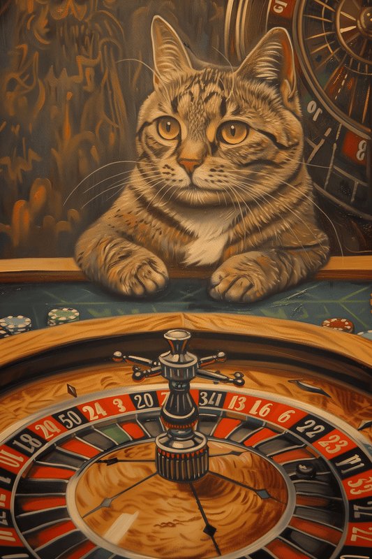 Paw Prints funny art poster of a gambler cat, with its paws on the table, playing roulette at a Las Vegas Casino. 