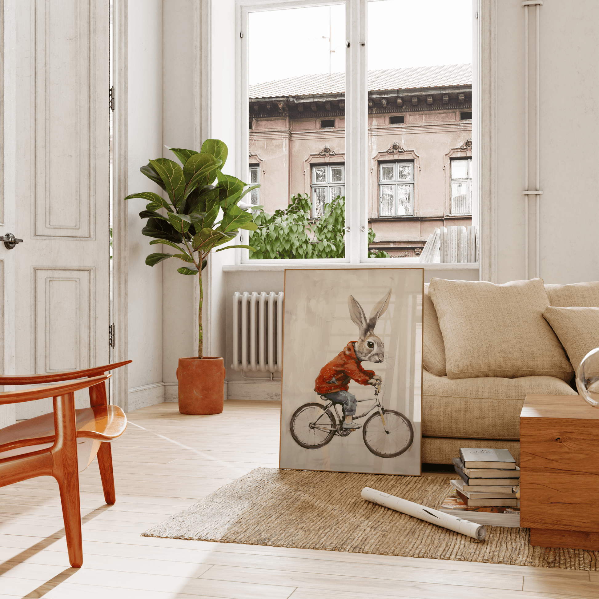 Paw Prints framed poster of a rabbit riding a bicycle, wearing a red jacket and jeans, leaning on a couch in the living room.