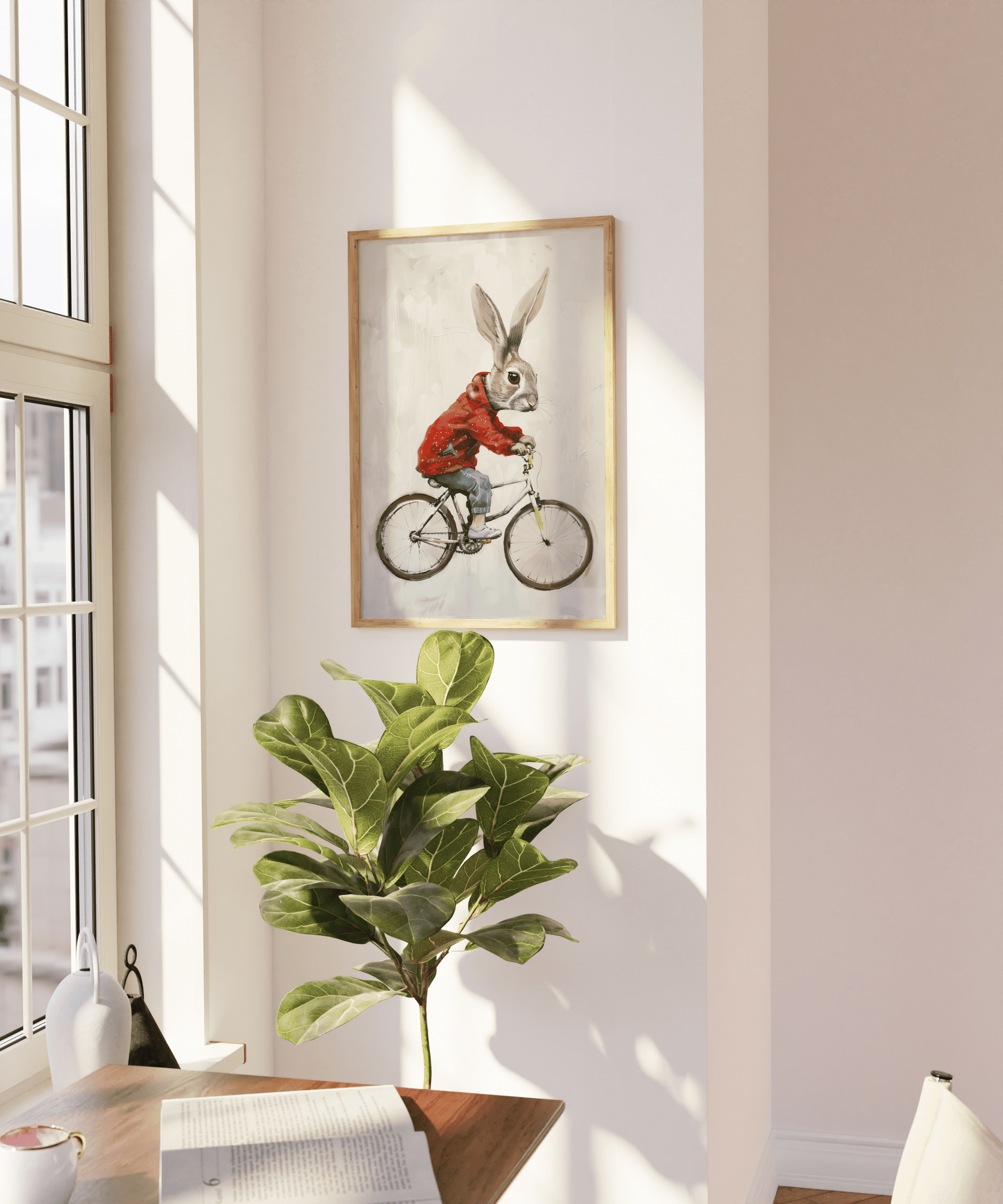 a rabbit riding a bicycle, wearing a red jacket and jeans, in a Paw Prints framed poster on a blank wall in natural sunlight.