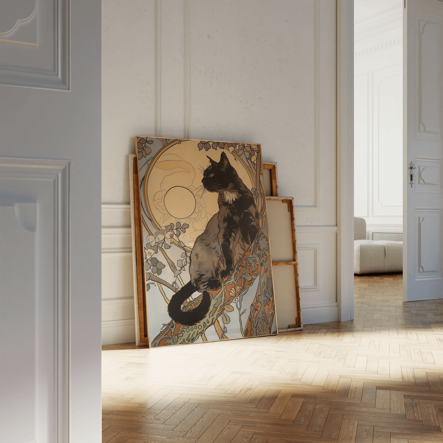 Art nouveau painting of a black cat on a tree branch under moonlight, leaning against a white bathroom wall - Paw Prints