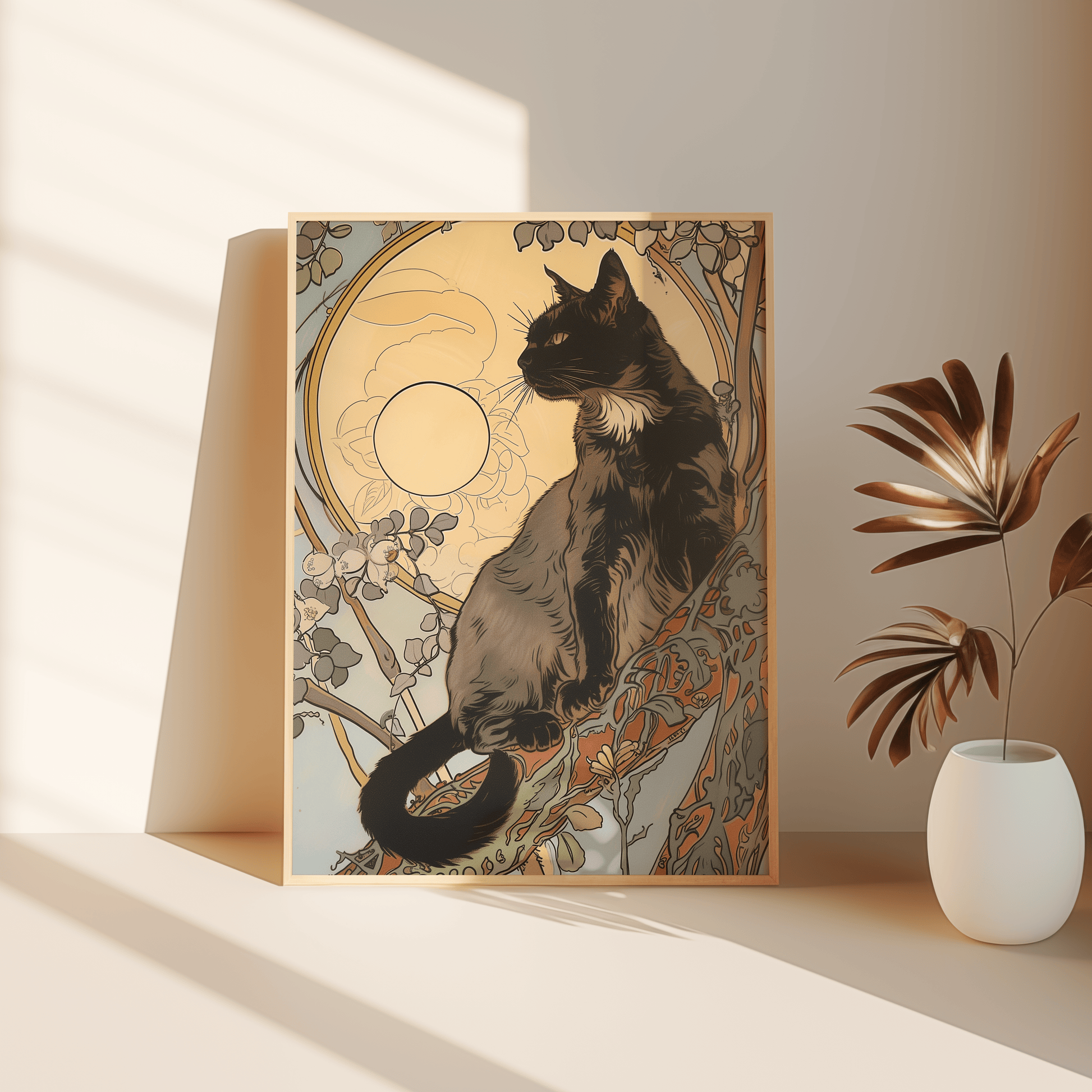 Art nouveau painting of a black cat on a tree branch under moonlight, leaning against the bedroom floor - Paw Prints