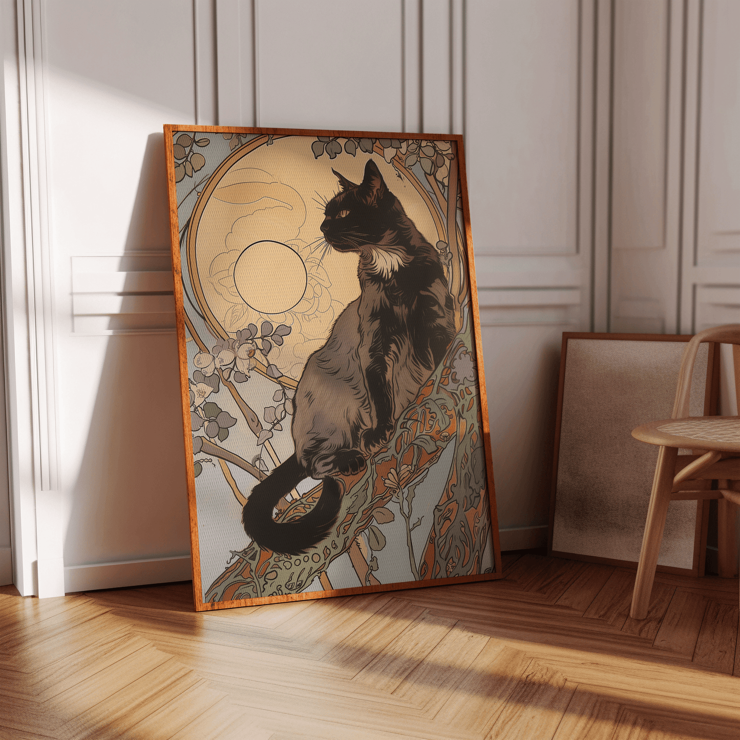Framed art nouveau painting of a black cat on a tree branch under moonlight, in a hallway - Paw Prints