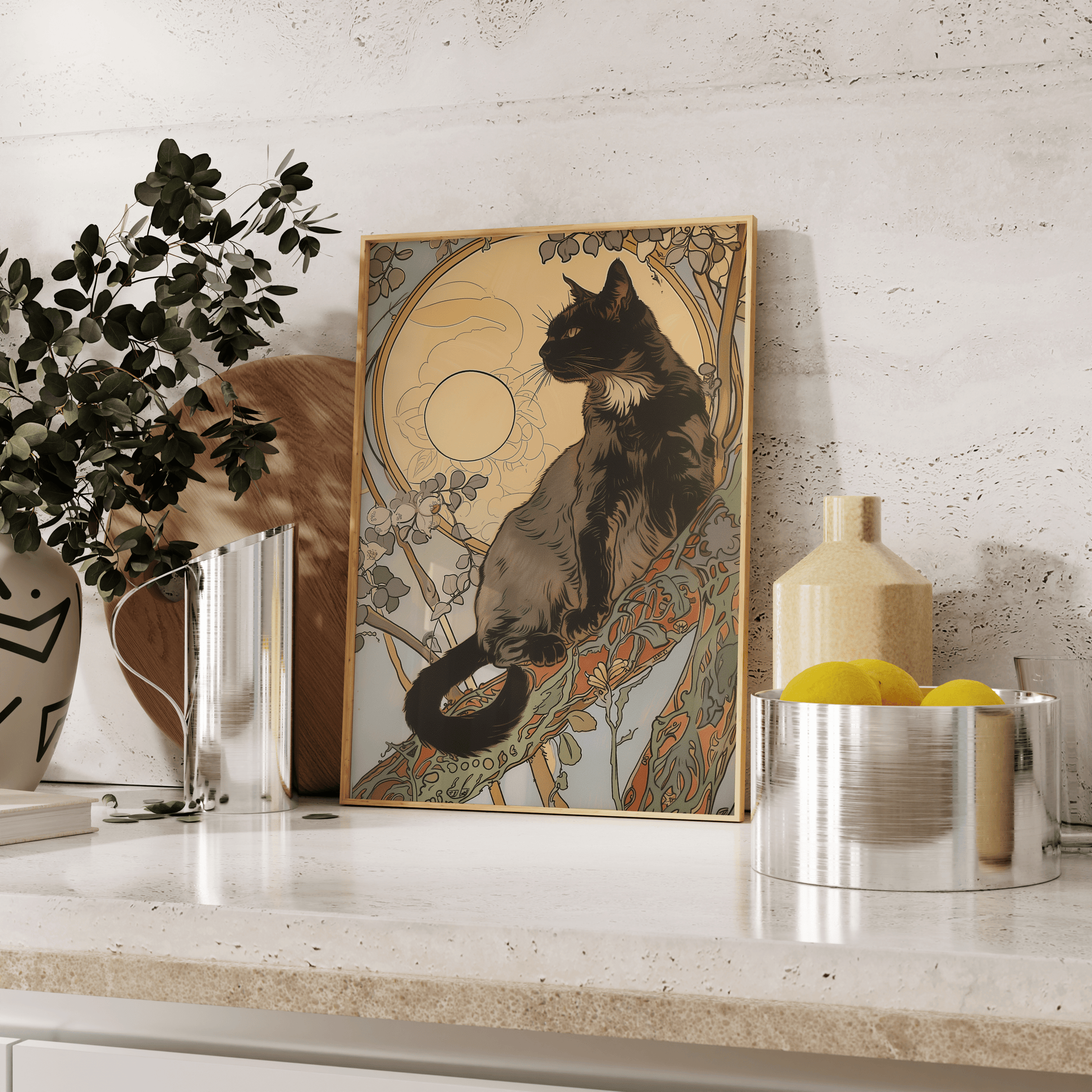 Art nouveau painting of a black cat on a tree branch under moonlight, leaning against the kitchen counter - Paw Prints