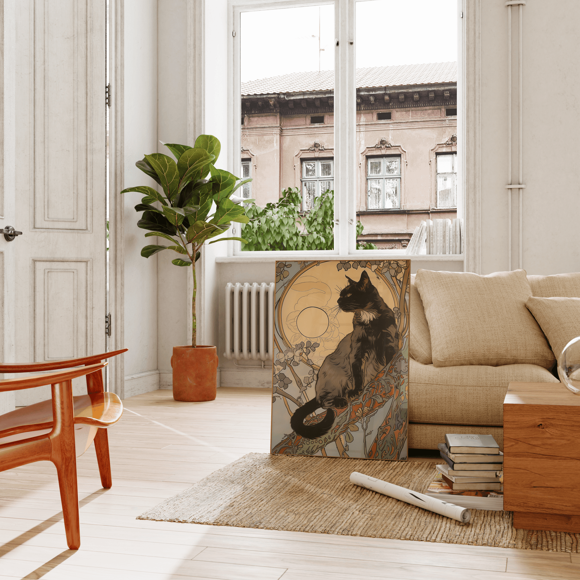 Art nouveau painting of a black cat on a tree branch under moonlight, leaning against the living room couch - Paw Prints