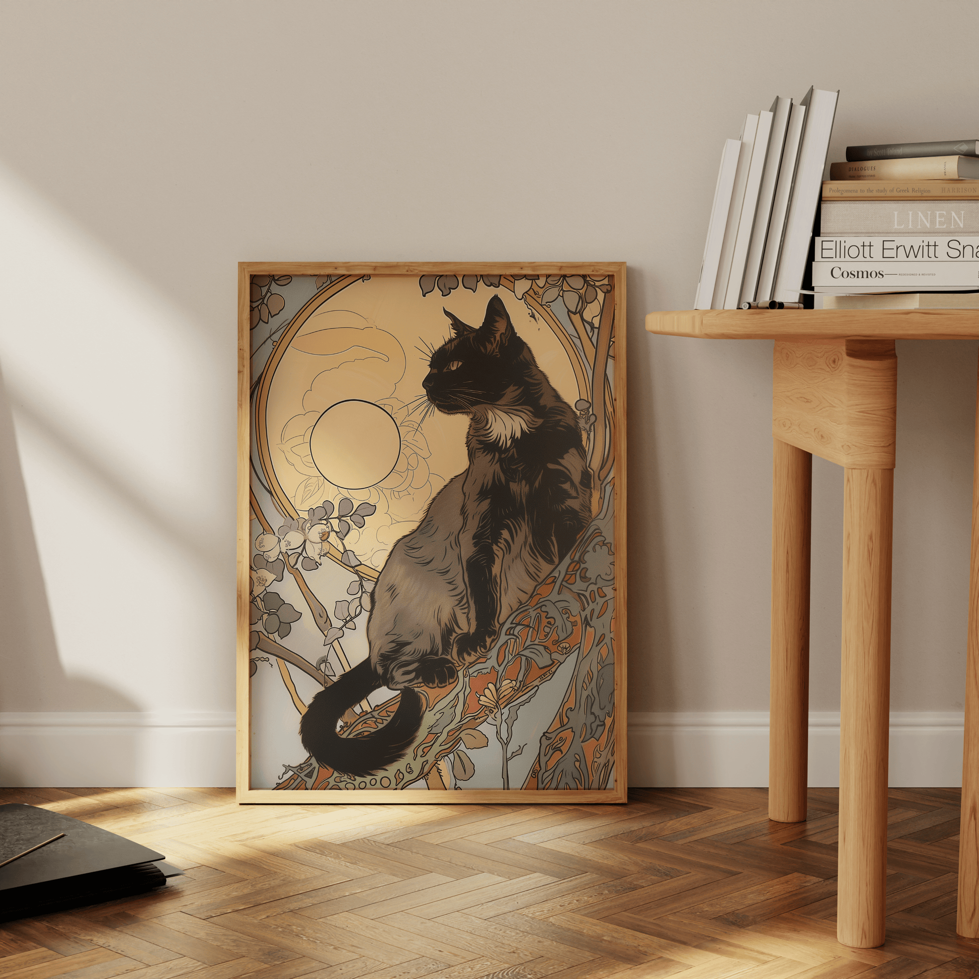 Art nouveau painting of a black cat on a tree branch under moonlight, leaning against the office wall - Paw Prints