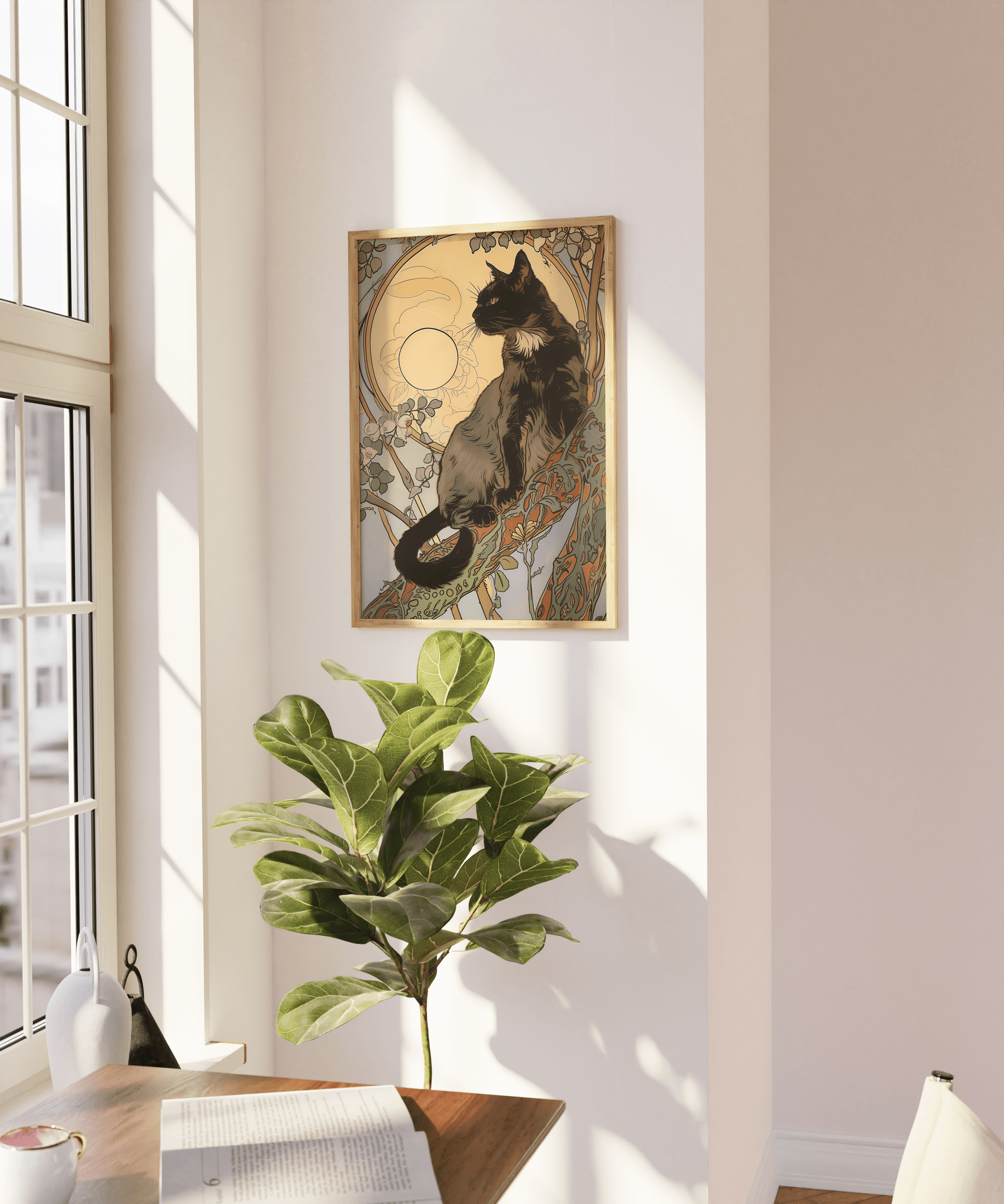 Art nouveau painting of a black cat on a tree branch under moonlight, on a blank wall - Paw Prints