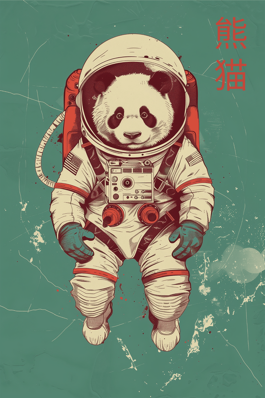 A panda floating in space, wearing an astronaut suit, with Chinese characters that mean "panda".
