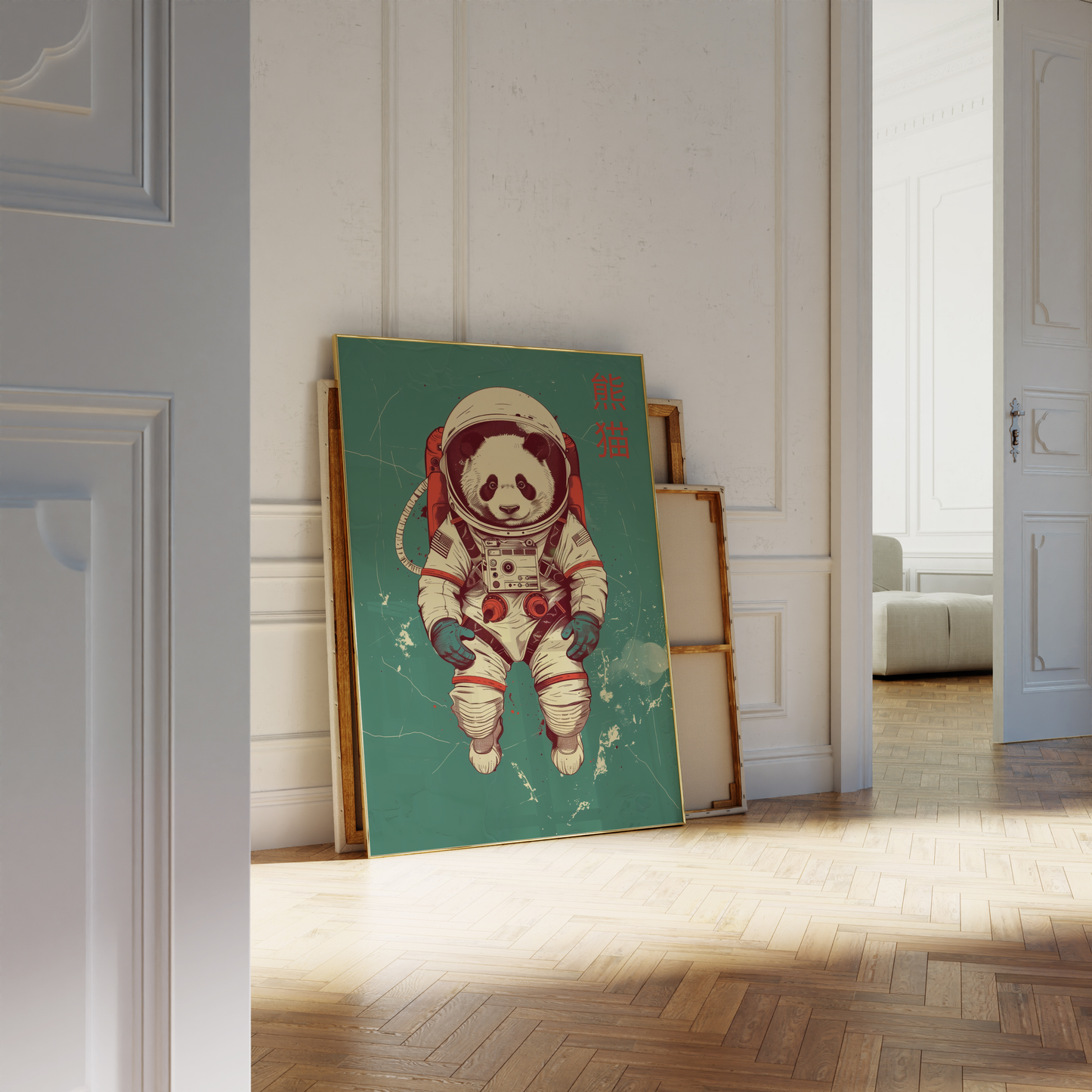 Paw Prints retro panda in space, in an astronaut suit, with Chinese characters poster, leaning against a white bathroom wall. 